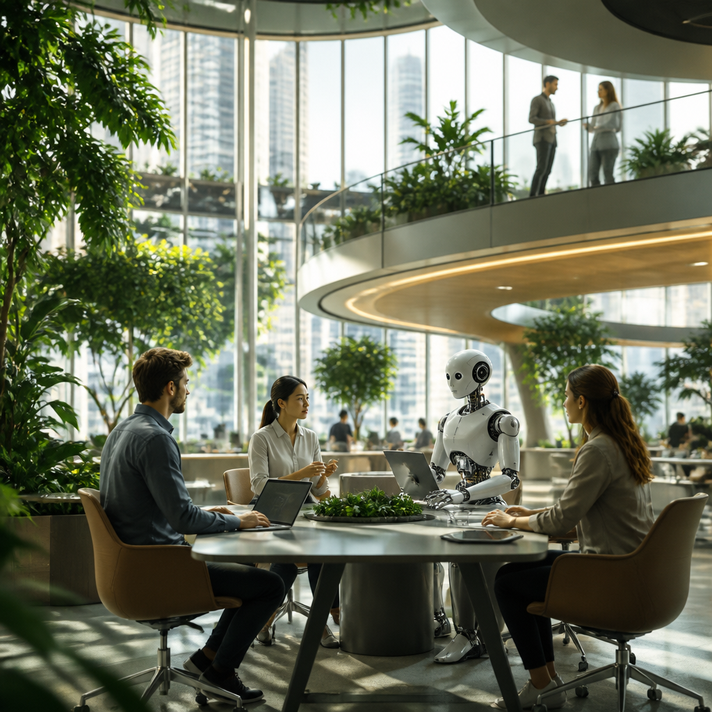 Illustration intermédiaire montrant une collaboration humain-IA dans un environnement de travail futuriste.