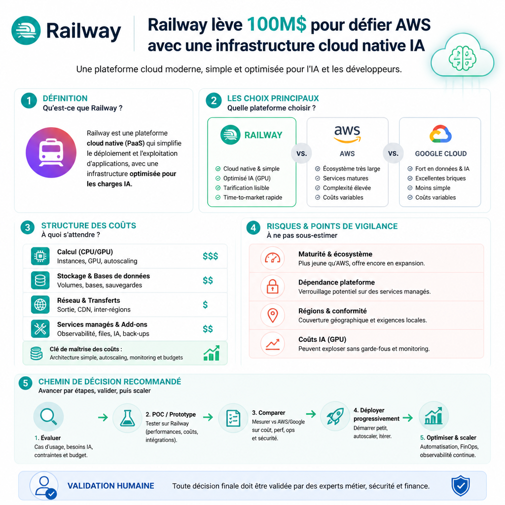 Infographie synthétique résumant les idées clés de l’article Railway lève 100M$ pour défier AWS avec une infrastructure cloud native IA.