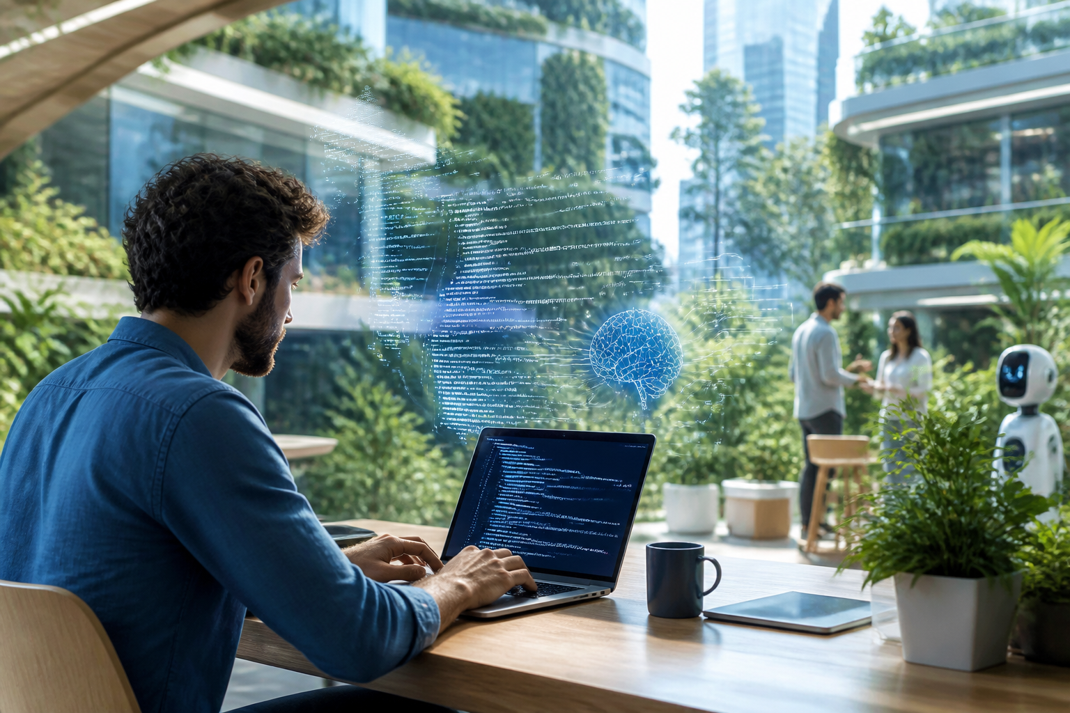 Environnement futuriste réaliste où des équipes humaines collaborent avec des assistants IA autour du sujet traité.