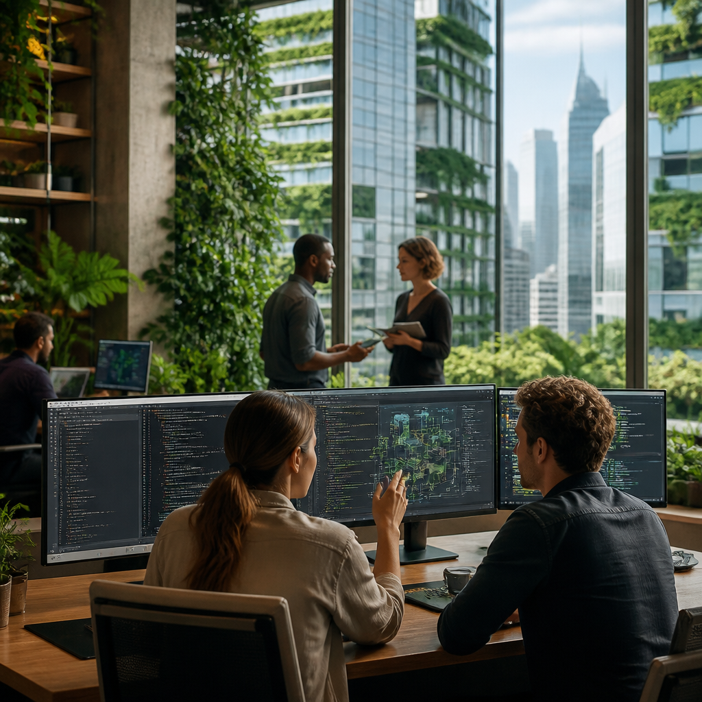 Illustration intermédiaire montrant une collaboration humain-IA dans un environnement de travail futuriste.