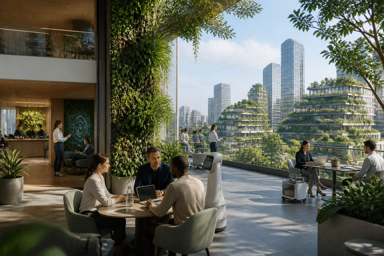 Environnement futuriste réaliste où des équipes humaines collaborent avec des assistants IA autour du sujet traité.