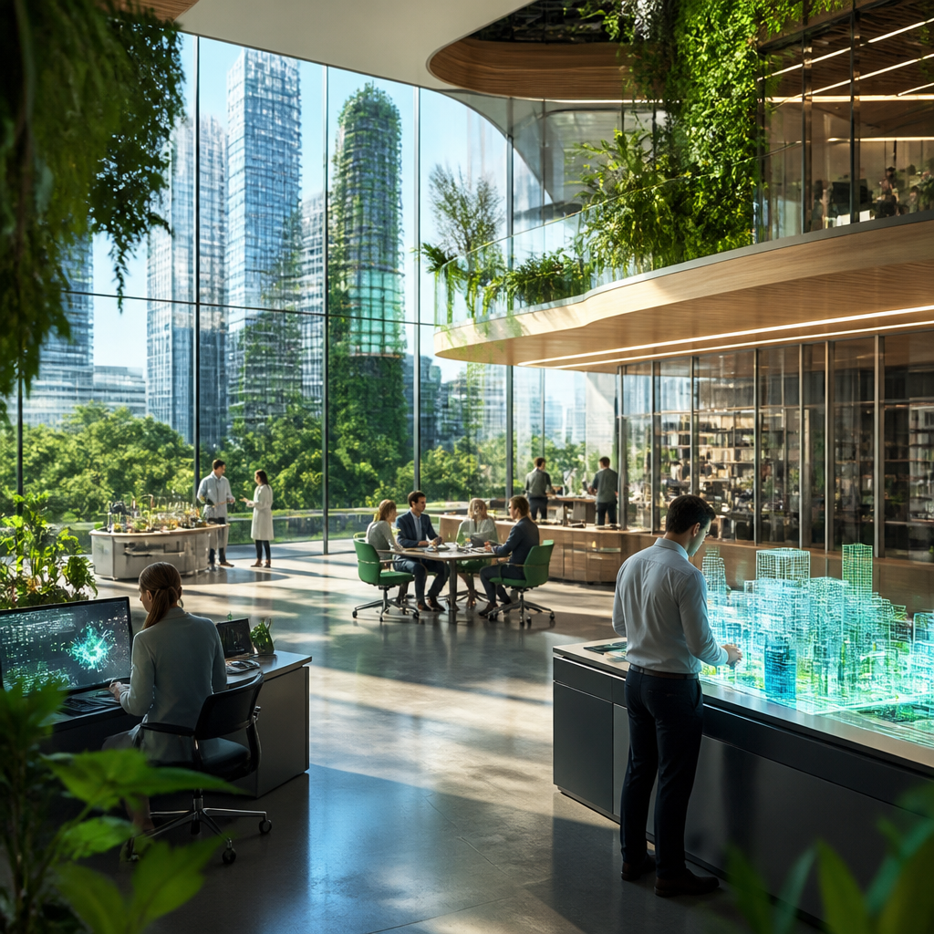 Illustration intermédiaire montrant une collaboration humain-IA dans un environnement de travail futuriste.