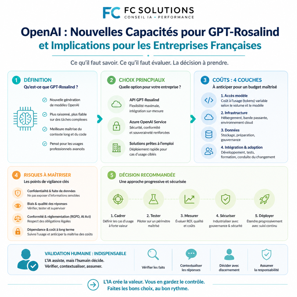 Infographie synthétique résumant les idées clés de l’article GPT-Rosalind : ce que le modèle IA d’OpenAI change pour les sciences de la vie.