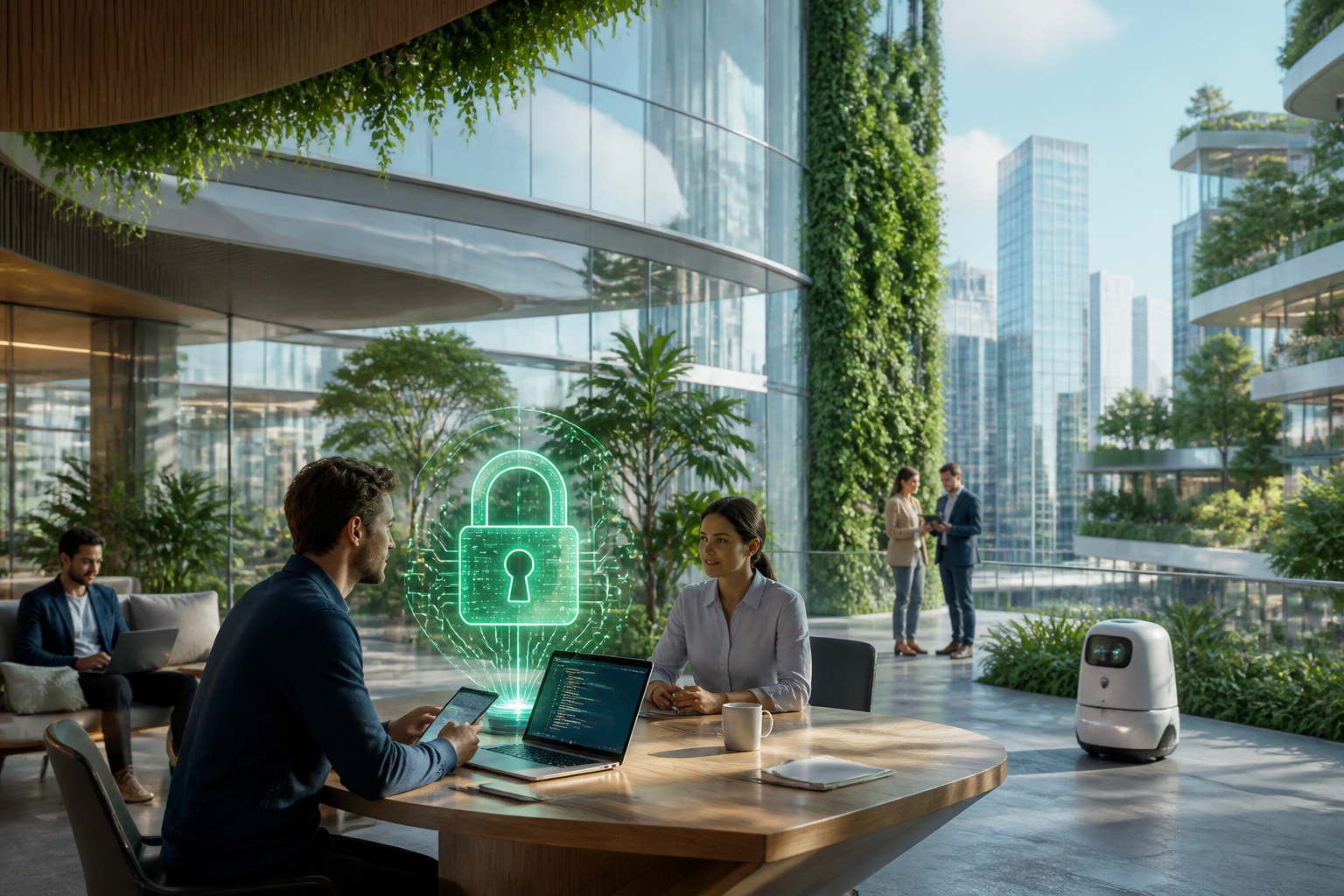 Environnement futuriste réaliste où des équipes humaines collaborent avec des assistants IA autour du sujet traité.
