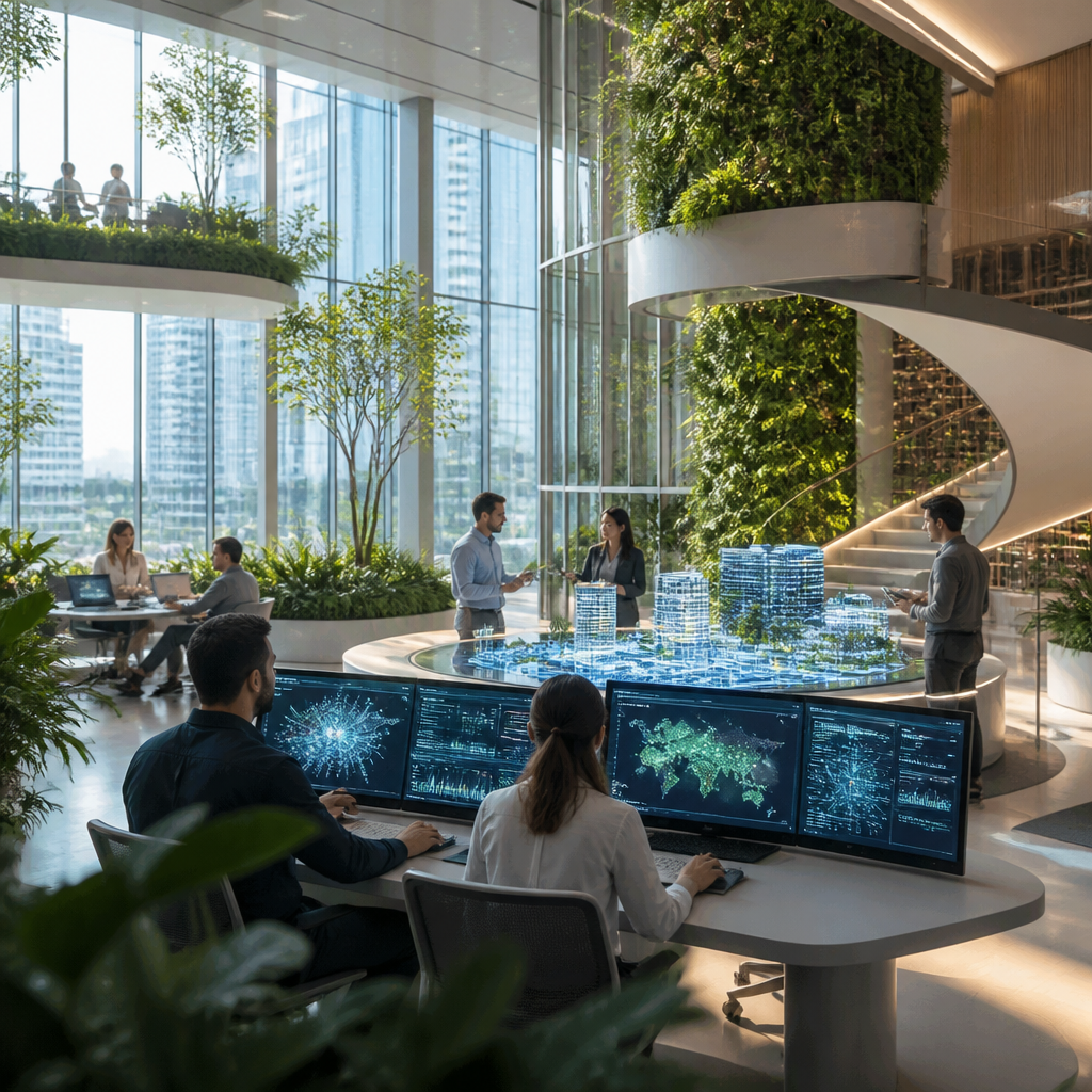 Illustration intermédiaire montrant une collaboration humain-IA dans un environnement de travail futuriste.