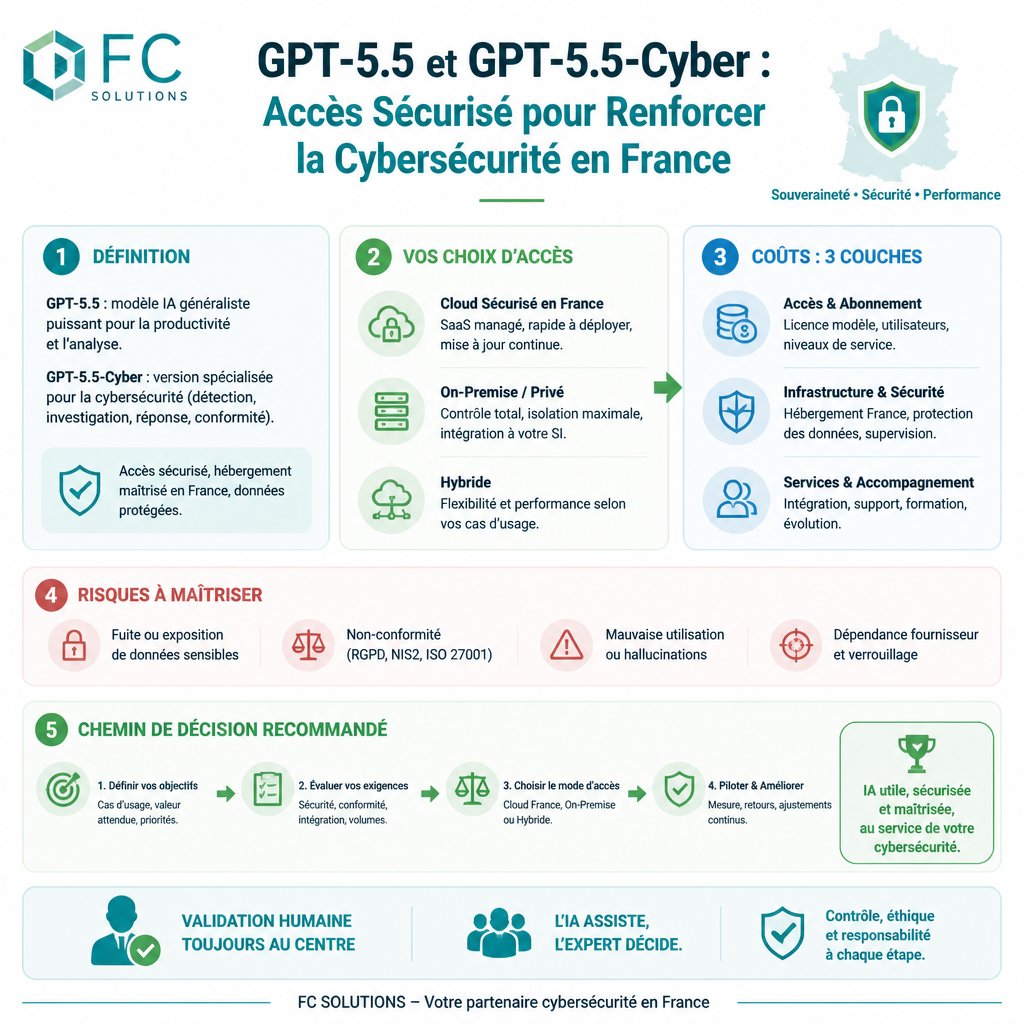 Infographie synthétique résumant les idées clés de l’article GPT-5.5 et GPT-5.5-Cyber : Accès Sécurisé pour Renforcer la Cybersécurité en France.