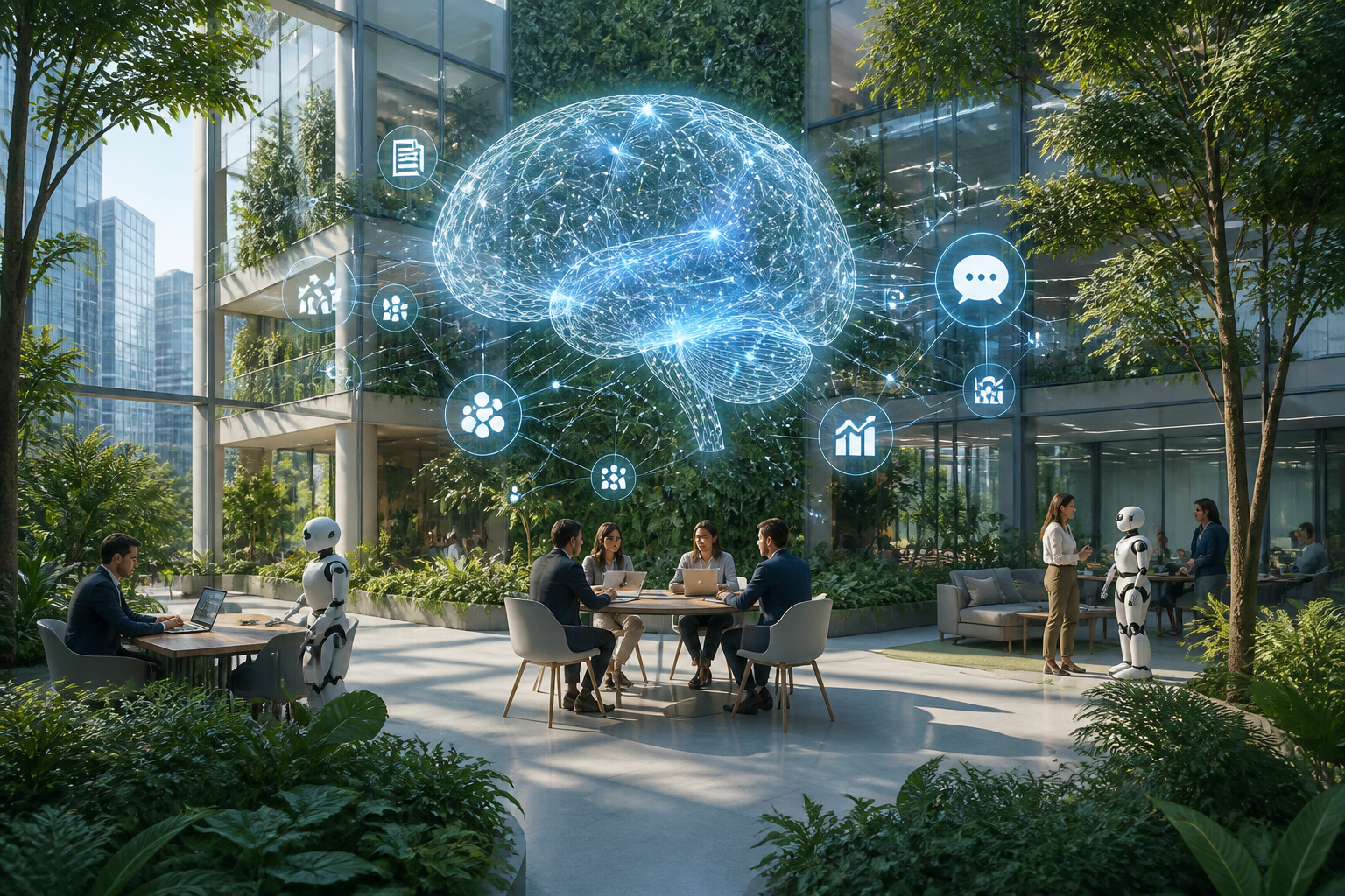Environnement futuriste réaliste où des équipes humaines collaborent avec des assistants IA autour du sujet traité.