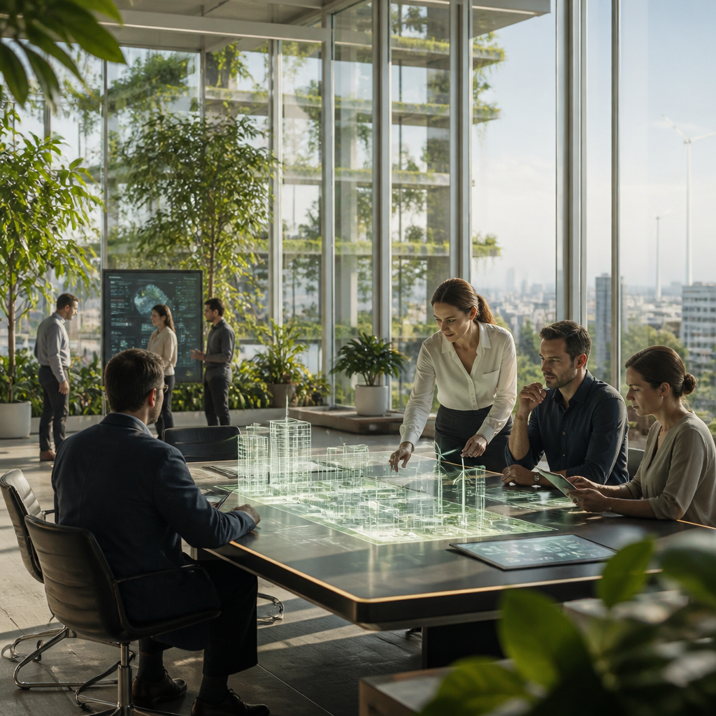 Illustration intermédiaire montrant une collaboration humain-IA dans un environnement de travail futuriste.