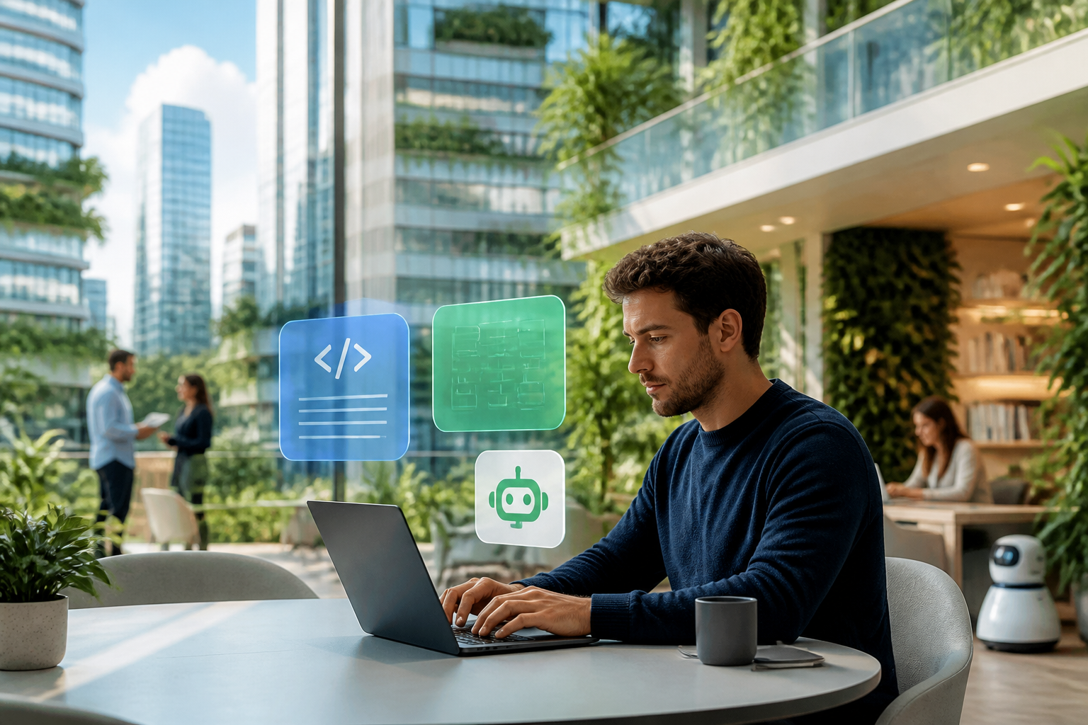 Environnement futuriste réaliste où des équipes humaines collaborent avec des assistants IA autour du sujet traité.