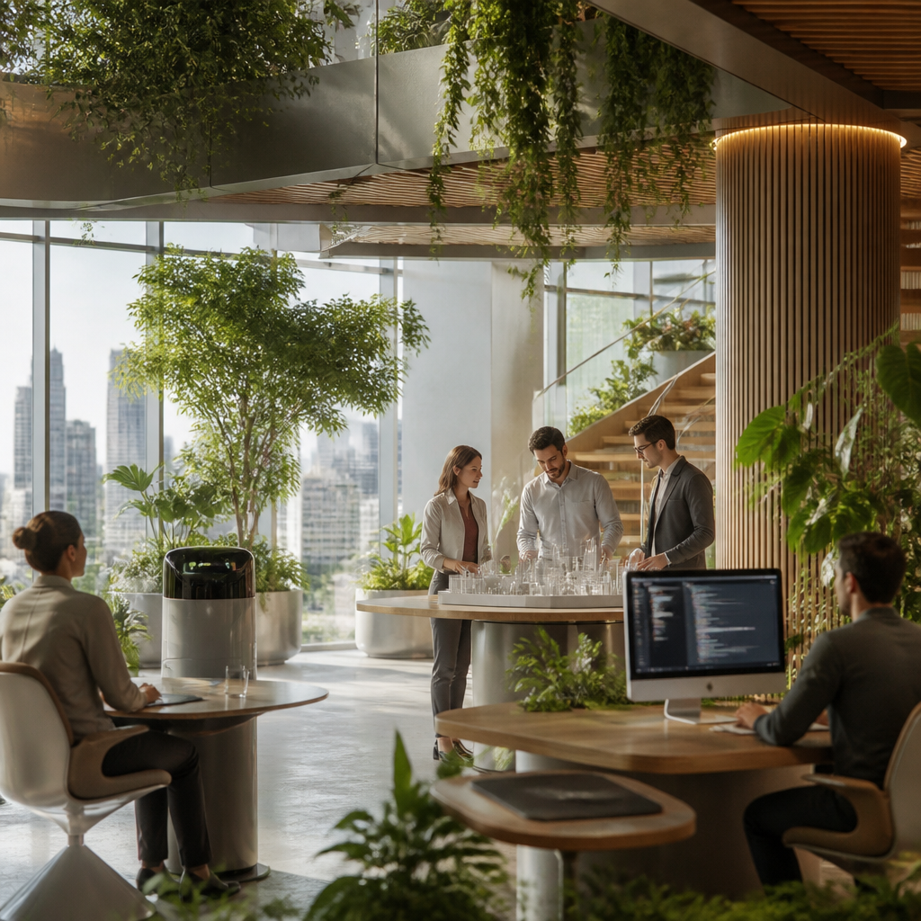 Illustration intermédiaire montrant une collaboration humain-IA dans un environnement de travail futuriste.