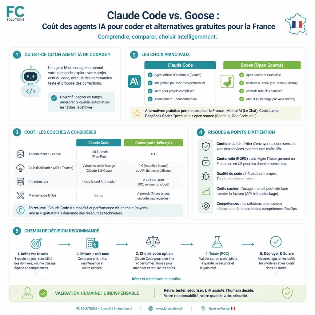 Infographie synthétique résumant les idées clés de l’article Claude Code vs. Goose : Coût des agents IA pour coder et alternatives gratuites pour la France.
