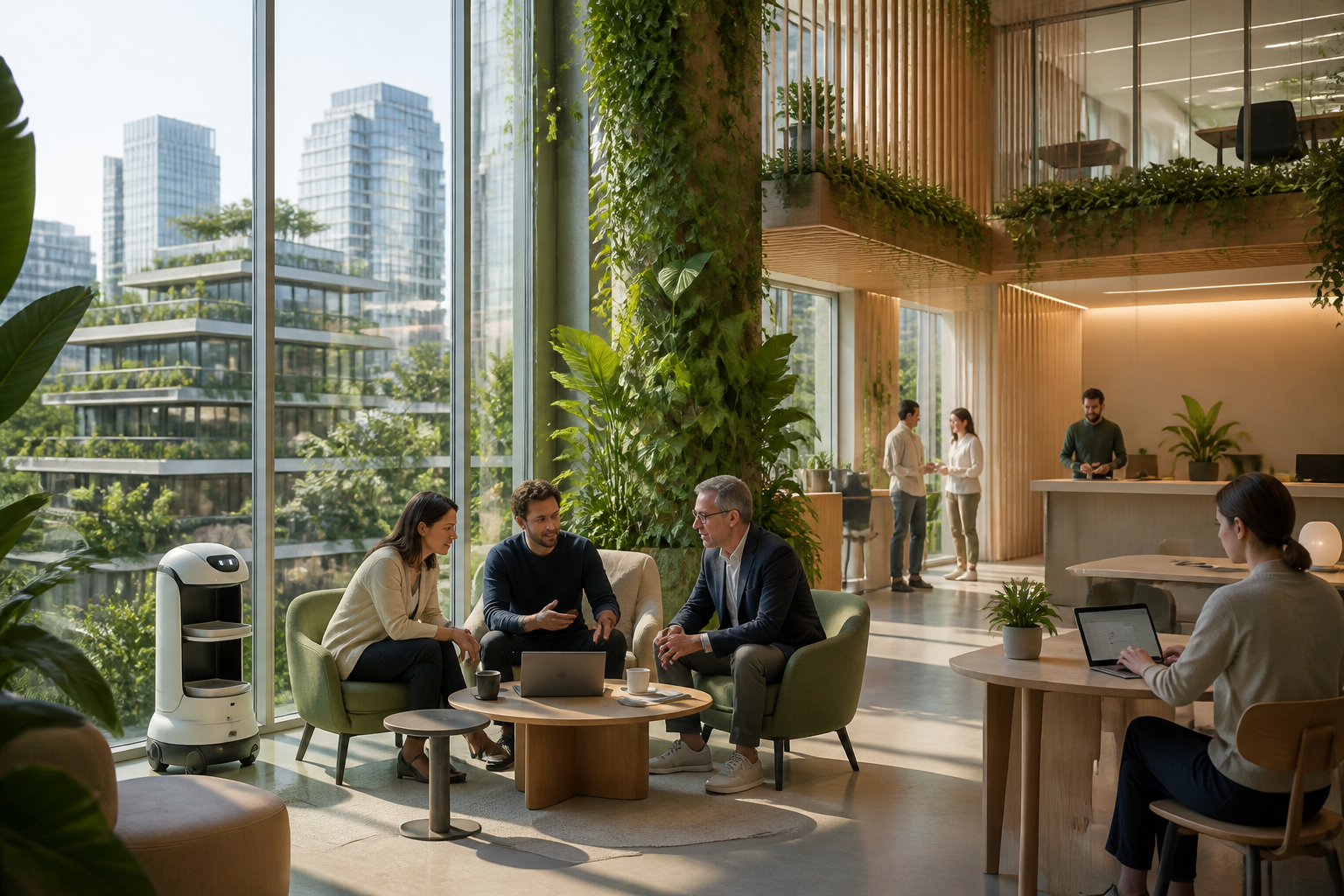 Environnement futuriste réaliste où des équipes humaines collaborent avec des assistants IA autour du sujet traité.