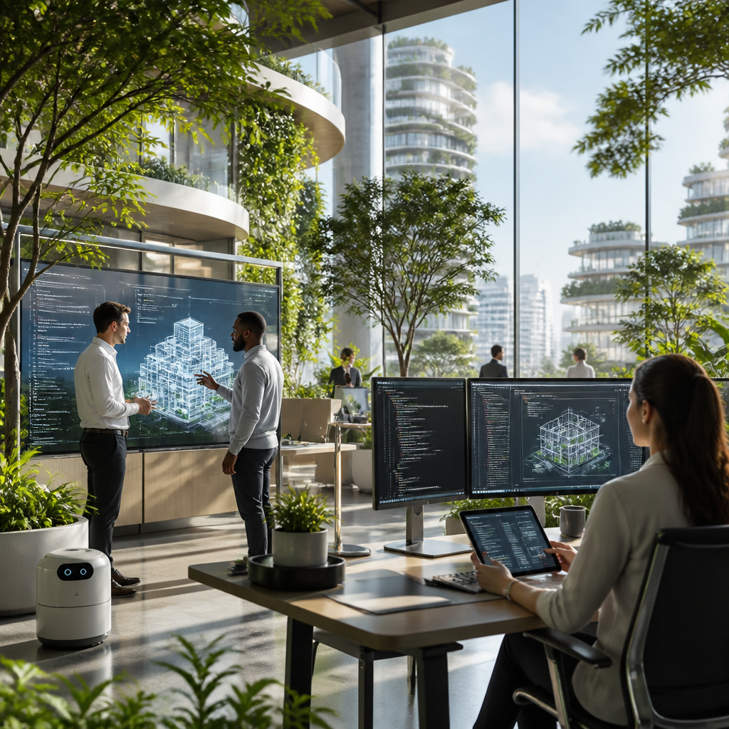 Illustration intermédiaire montrant une collaboration humain-IA dans un environnement de travail futuriste.