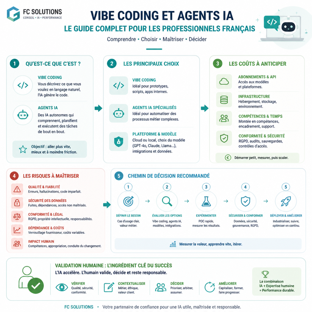 Infographie synthétique résumant les idées clés de l’article Vibe Coding et Agents IA : Le Guide Complet pour les Professionnels Français.