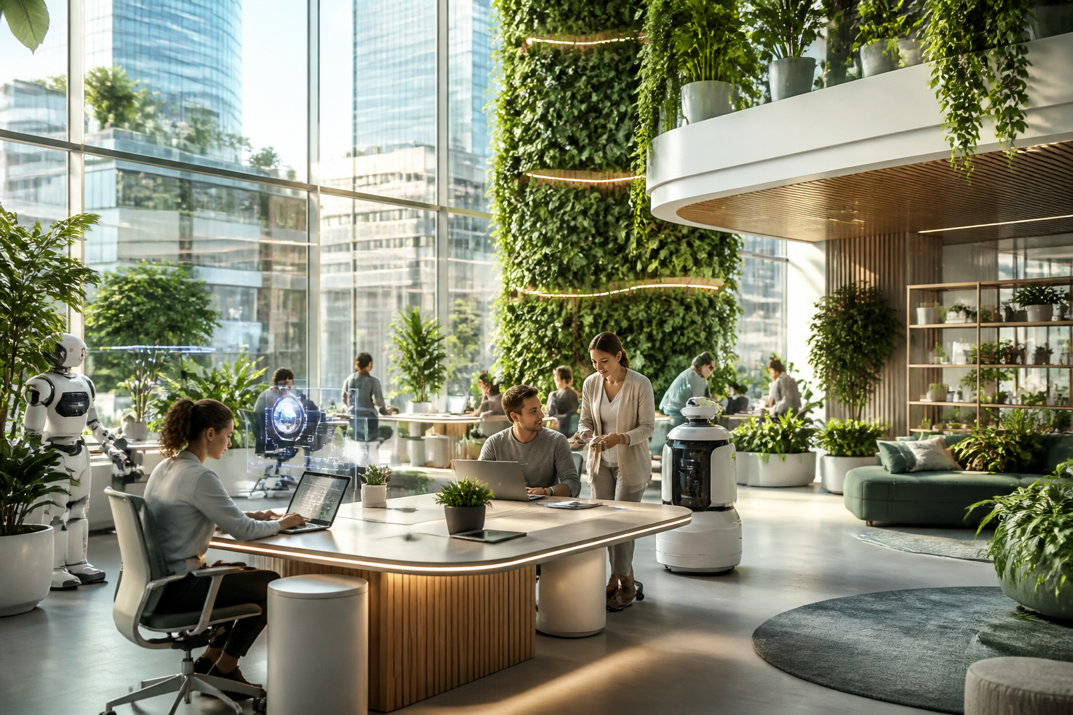 Environnement futuriste réaliste où des équipes humaines collaborent avec des assistants IA autour du sujet traité.