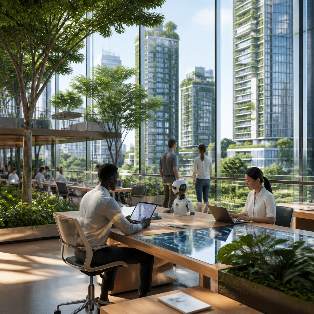 Illustration intermédiaire montrant une collaboration humain-IA dans un environnement de travail futuriste.