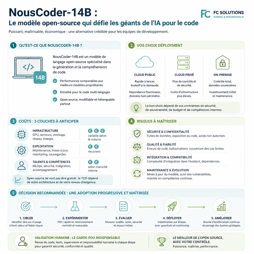 Infographie synthétique résumant les idées clés de l’article NousCoder-14B : Le modèle open-source qui défie les géants de l’IA pour le code.