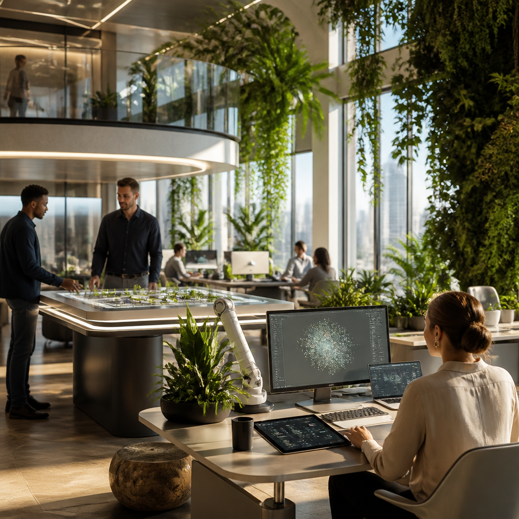 Illustration intermédiaire montrant une collaboration humain-IA dans un environnement de travail futuriste.
