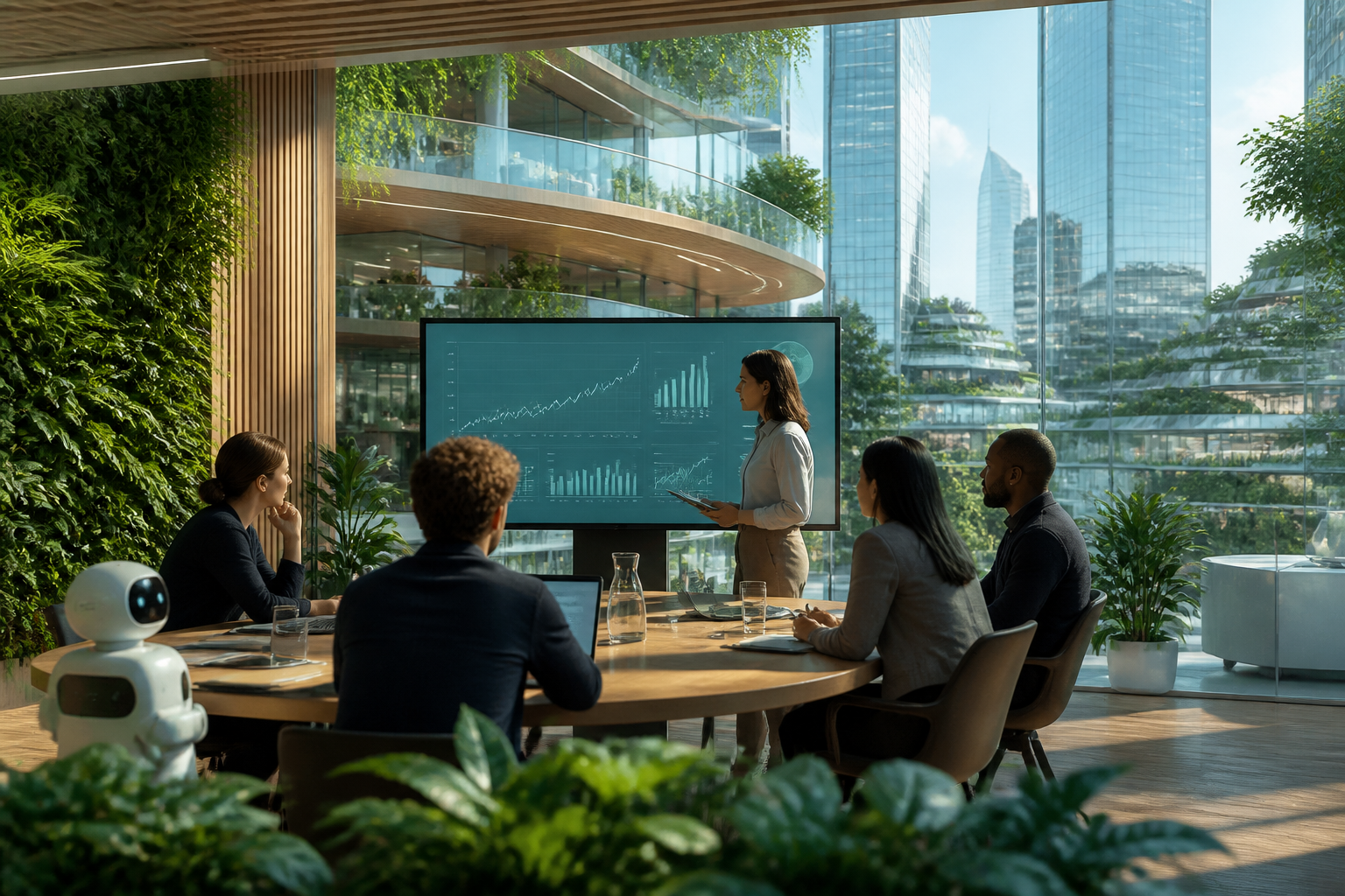 Environnement futuriste réaliste où des équipes humaines collaborent avec des assistants IA autour du sujet traité.