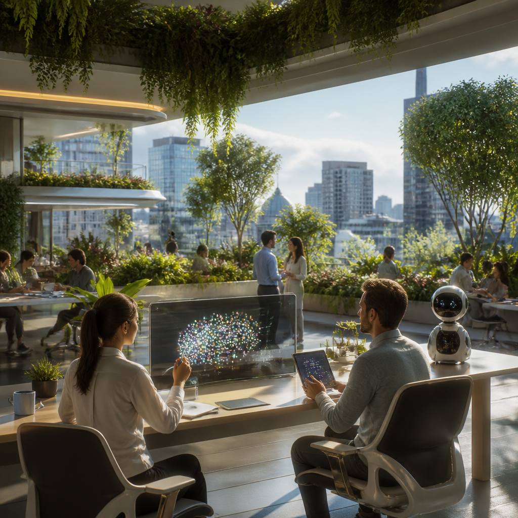 Illustration intermédiaire montrant une collaboration humain-IA dans un environnement de travail futuriste.