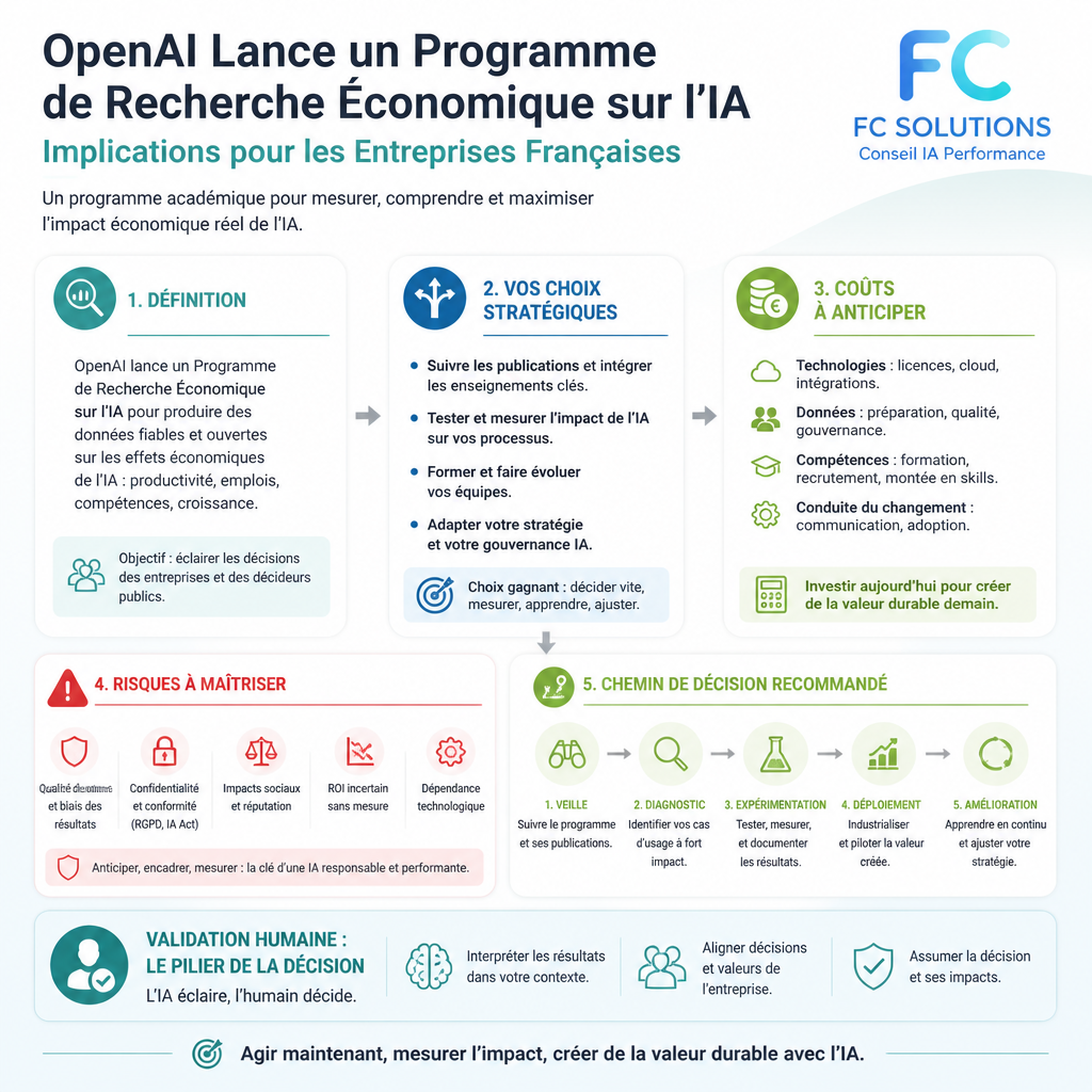 Infographie synthétique résumant les idées clés de l’article OpenAI Lance un Programme de Recherche Économique sur l’IA : Implications pour les Entreprises Françaises.