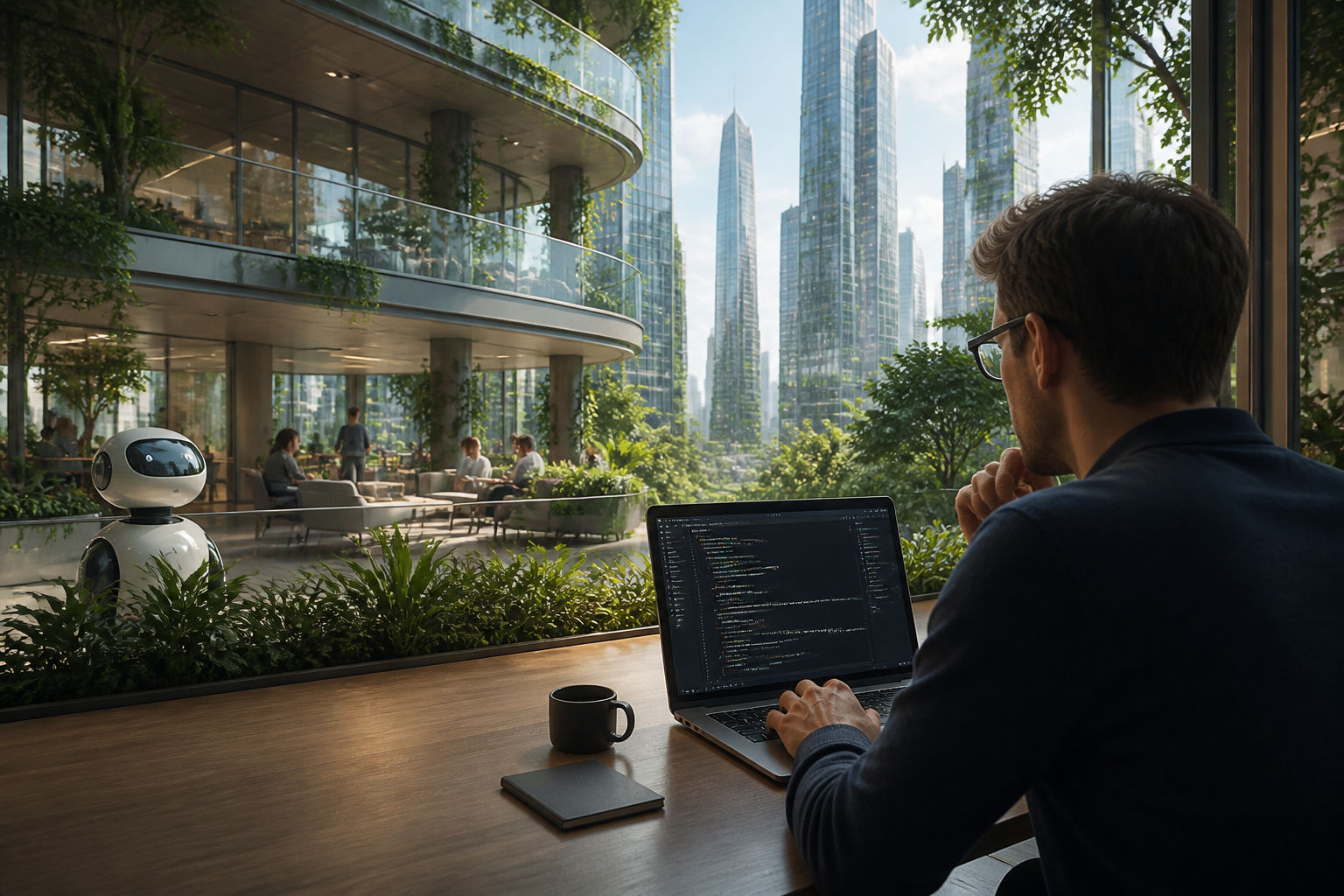 Environnement futuriste réaliste où des équipes humaines collaborent avec des assistants IA autour du sujet traité.
