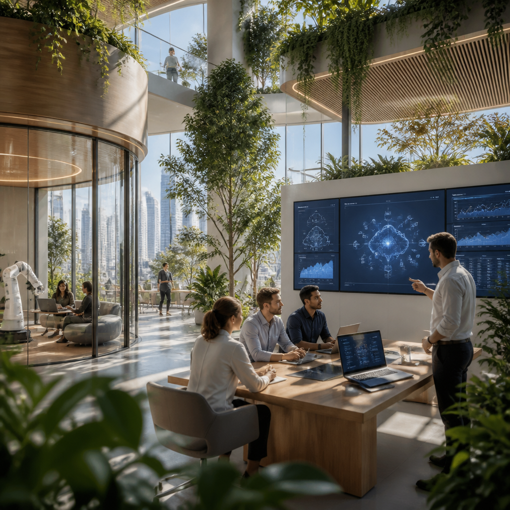 Illustration intermédiaire montrant une collaboration humain-IA dans un environnement de travail futuriste.