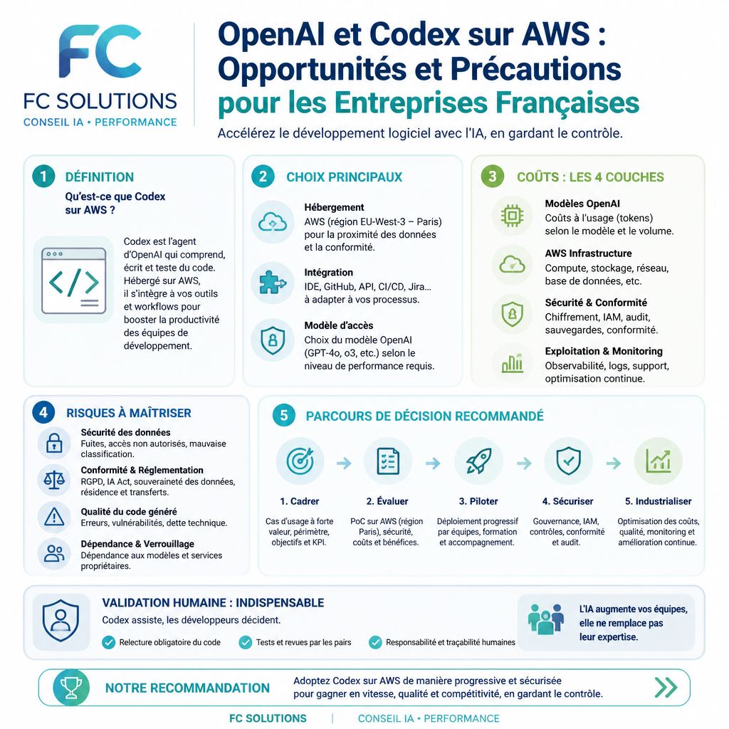 Infographie synthétique résumant les idées clés de l’article OpenAI et Codex sur AWS : Opportunités et Précautions pour les Entreprises Françaises.