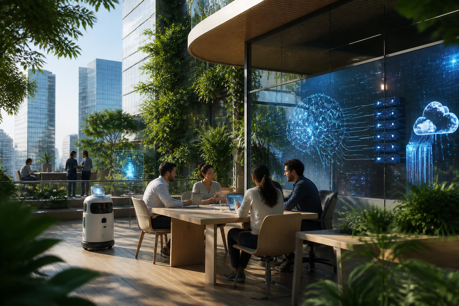 Environnement futuriste réaliste où des équipes humaines collaborent avec des assistants IA autour du sujet traité.