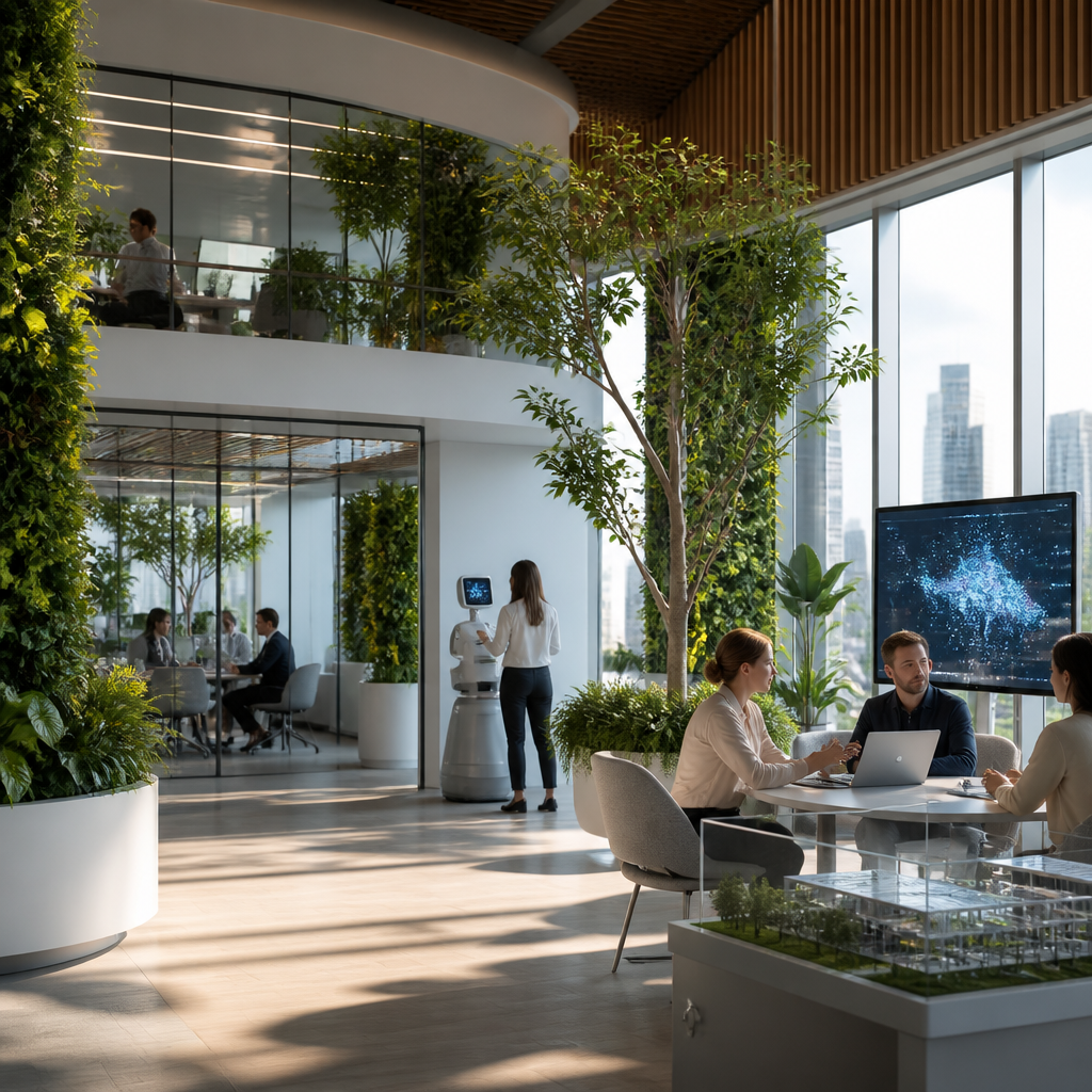 Illustration intermédiaire montrant une collaboration humain-IA dans un environnement de travail futuriste.
