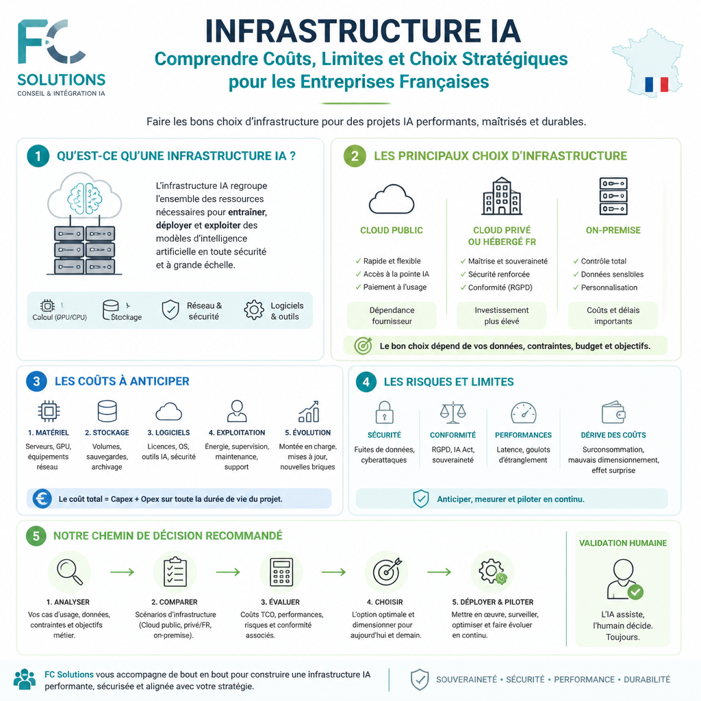 Infographie synthétique résumant les idées clés de l’article Infrastructure IA : Comprendre Coûts, Limites et Choix Stratégiques pour les Entreprises Françaises.