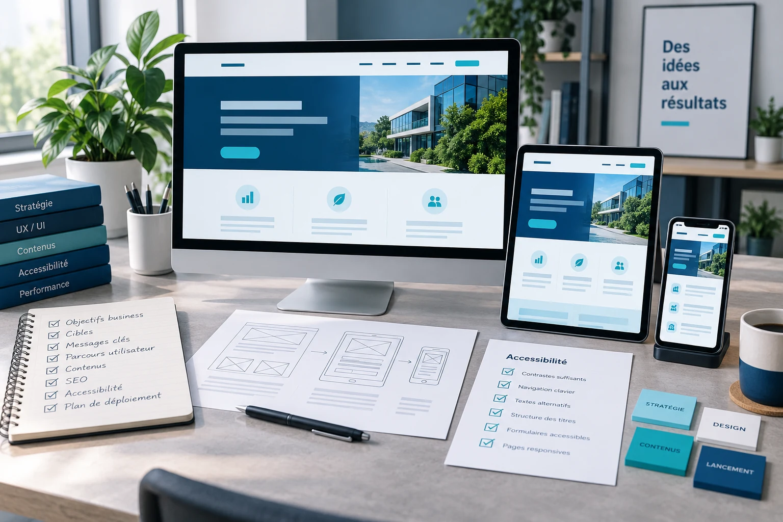 Maquette responsive d’un site professionnel affichée sur ordinateur, tablette et smartphone avec documents de cadrage.